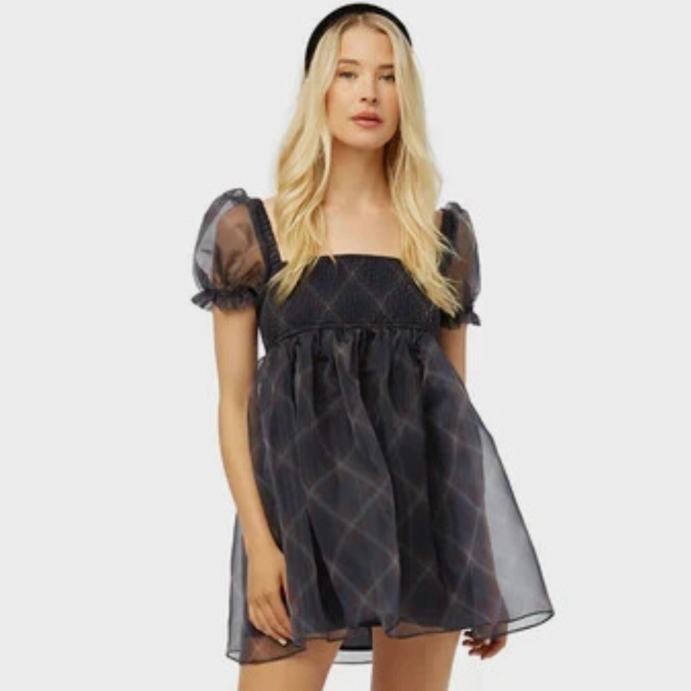 WEWOREWHAT Puff Sleeve Organza Mini Dress Babydoll Diagonal Plaid Size M (NWT)